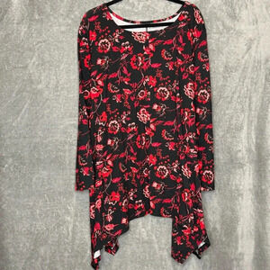 Roamans 3X Shirt Top Black Red Floral Long Sleeve Round Neck Asymmetrical Hem‎